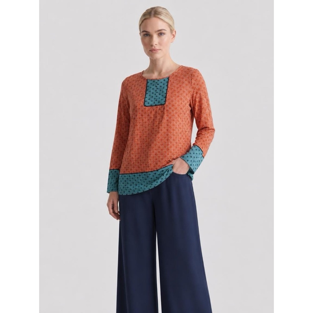 Max Studio Boho Print Tunic Top Orange Teal XL bell sleeves
